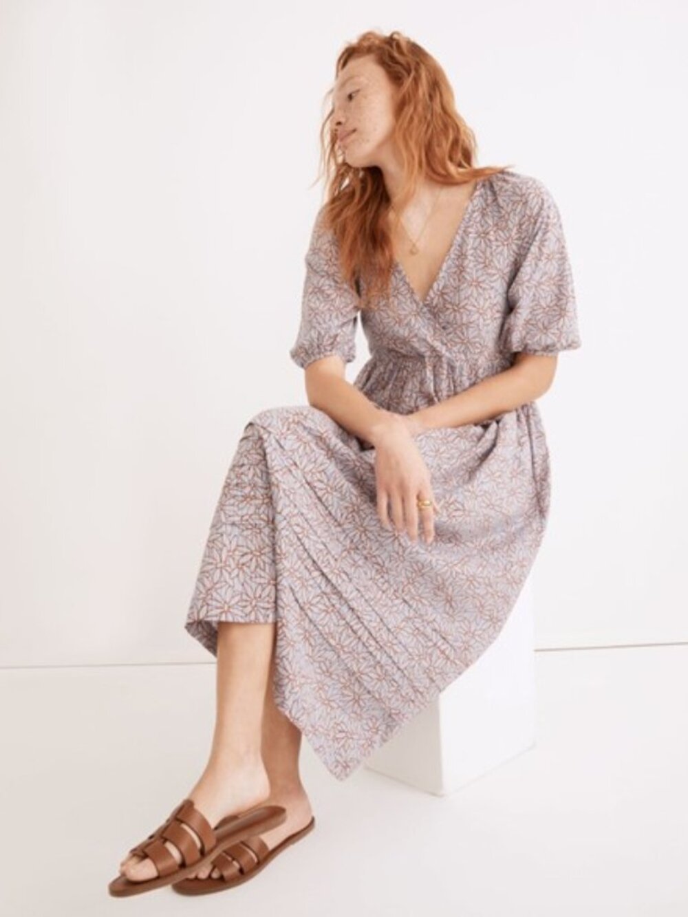 Madewell Marianna puff sleeves midi dress daisies boho cottagecore S EUC